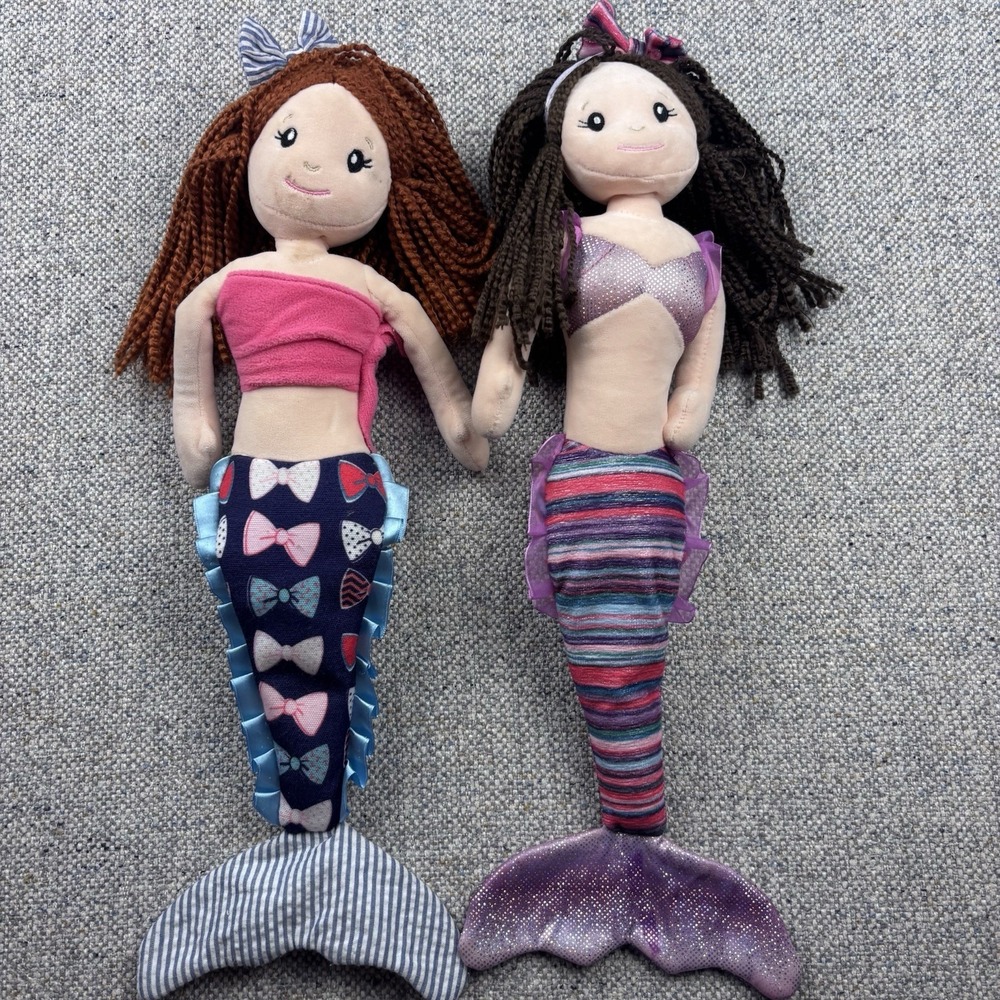 Preppy Pelican Black Brown Hair Plush Mermaid Doll Mermaid Tail 18" Stuffed Toy